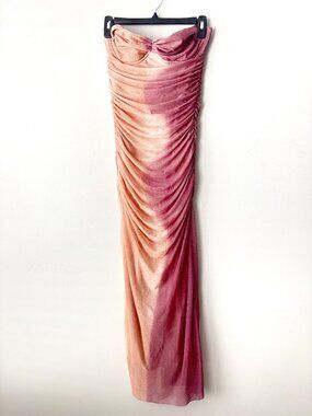 Zara Strapless Printed Tulle Midi Dress Ombre Pink Ruched Mesh Sunset Bodycon S